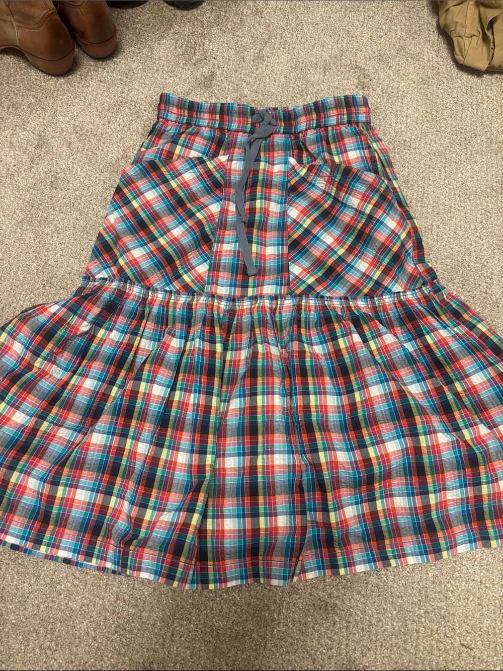 Free People Multicolor Plaid Tiered A-Line Skirt with Drawstring